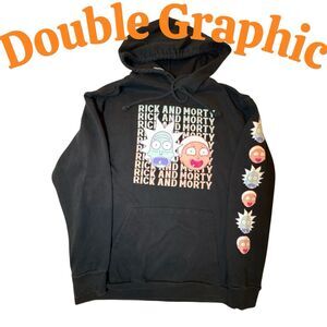 Rick & Morty Hoodie Adult Swim Pullover Double Graphic Faces/Sleeve Rare Size S